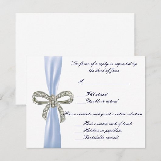 Blue Diamond Bow Wedding Response Card RSVP Kaartje (Voorkant / Achterkant)