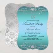 Blue Diamond Damask Sweet 16 Uitnodiging (Voorkant / Achterkant)