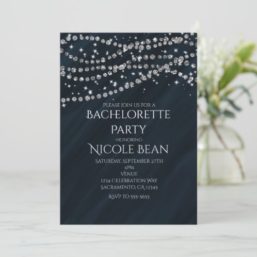 Blue & Diamond Glamour Sparkle Party Uitnodigingen (Staand voorkant)