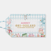 Blue Diamond Gold Alice One-derland 1st Birthday Cadeaulabel (Achterkant Horizontaal)