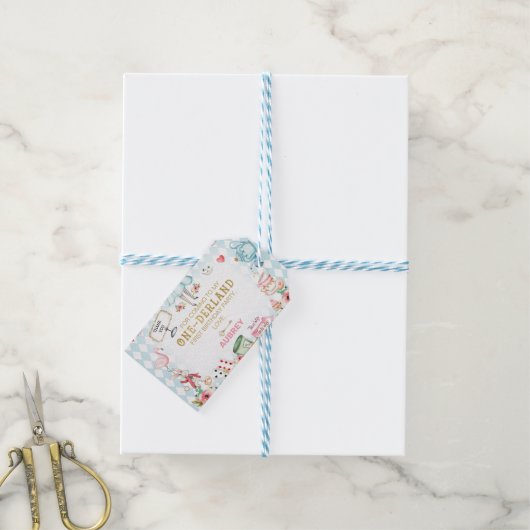 Blue Diamond Gold Alice One-derland 1st Birthday Cadeaulabel (Met Touw)