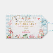 Blue Diamond Gold Alice One-derland 1st Birthday Cadeaulabel (Voorkant (Horizontaal))