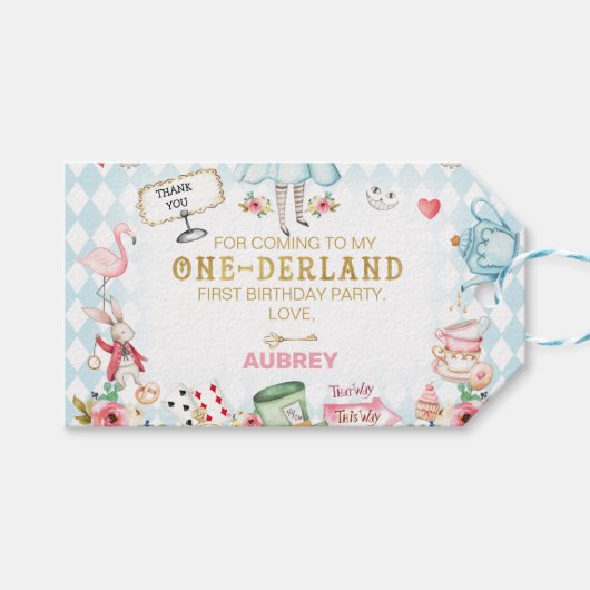 Blue Diamond Gold Alice One-derland 1st Birthday Cadeaulabel (Voorkant (Horizontaal))