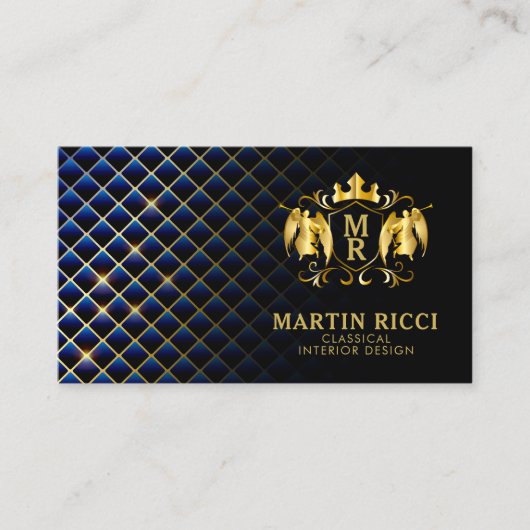 Blue Diamond Pattern Angel Crest | Luxurisch zwart Visitekaartje (Voorkant)