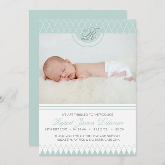 Blue Diamond Pattern Foto geboorteaankondiging Aankondiging (Voorkant / Achterkant)