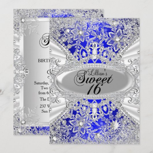 Blue Diamond Snowflake Winter Wonderland Sweet 16 Kaart (Voorkant / Achterkant)
