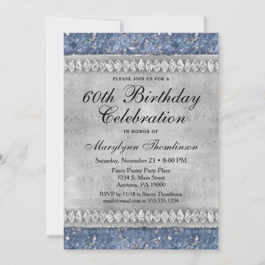 Blue Diamonds Birthday Invitation Velvet Silver Kaart (Voorkant)