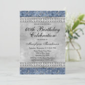 Blue Diamonds Birthday Invitation Velvet Silver Kaart (Staand voorkant)