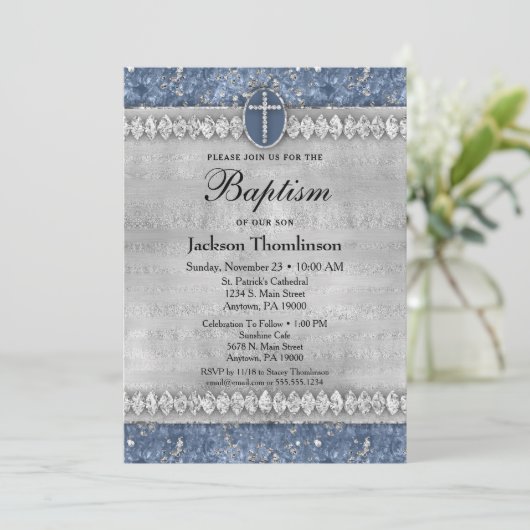 Blue Diamonds Boys Baptism Invitation Community Kaart (Staand voorkant)
