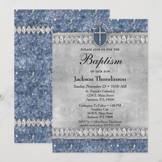 Blue Diamonds Boys Baptism Invitation Community Kaart (Voorkant / Achterkant)