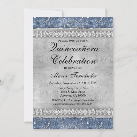 Blue Diamonds Quinceañera Invitation Silver Glam Kaart (Voorkant)