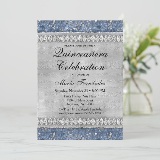 Blue Diamonds Quinceañera Invitation Silver Glam Kaart (Staand voorkant)