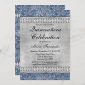 Blue Diamonds Quinceañera Invitation Silver Glam Kaart (Voorkant / Achterkant)