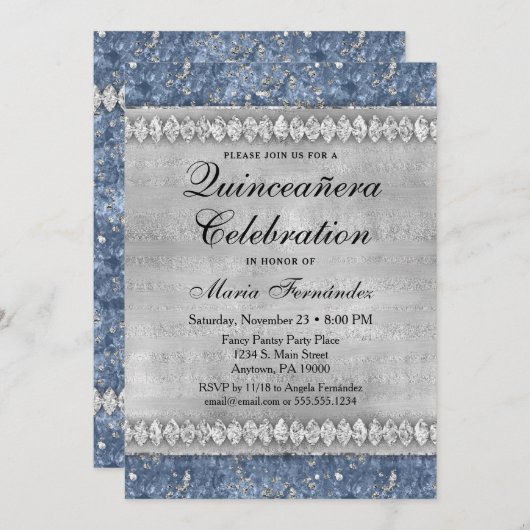 Blue Diamonds Quinceañera Invitation Silver Glam Kaart (Voorkant / Achterkant)