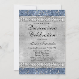 Blue Diamonds Quinceañera Invitation Silver Glam Kaart