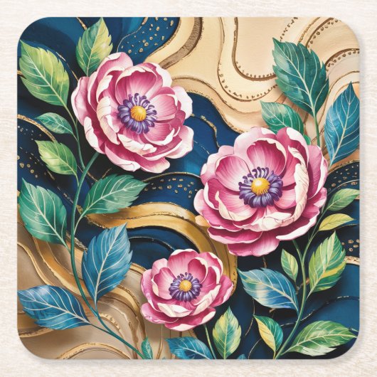 Blue Digital Art Pink Peonies Onderzetter Set (Voorkant)