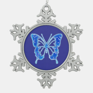 Blue Digital Butterfly, achtergrond aanpassen Tin Sneeuwvlok Ornament