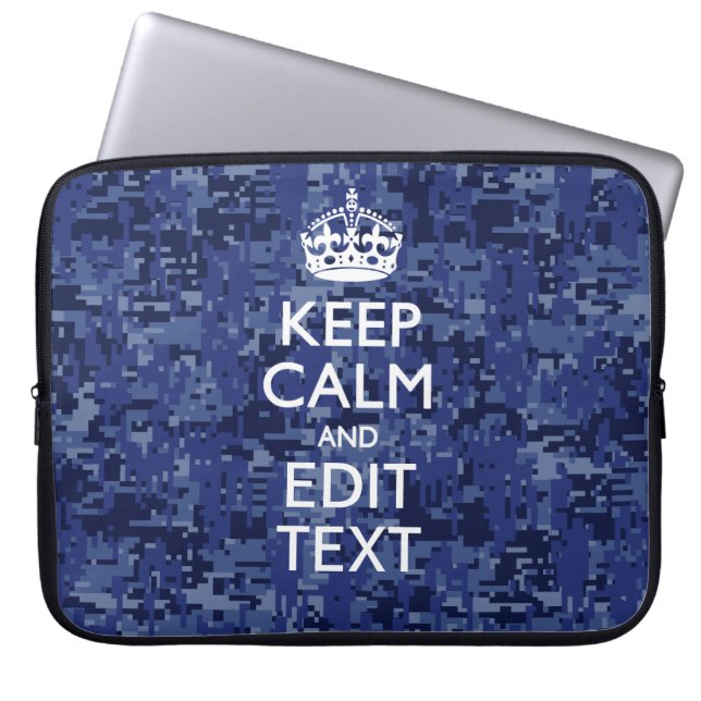 Blue Digital Camo KEEP CALM Jouw tekst Laptop Sleeve (Voorkant)