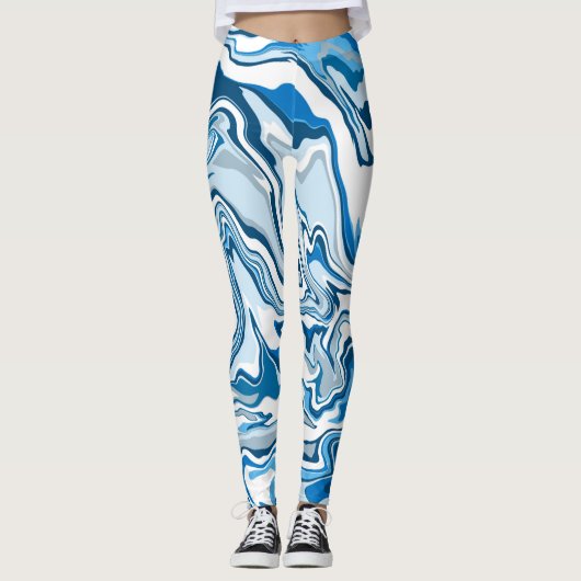 Blue Digital Fluid Art Marmer Leggings (Voorkant)