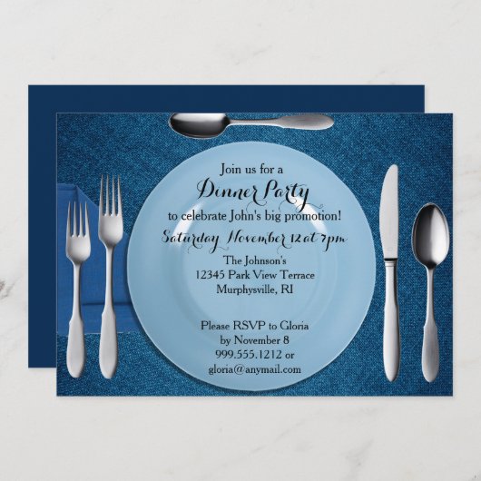 Blue Dinner Party-uitnodiging Kaart (Voorkant / Achterkant)