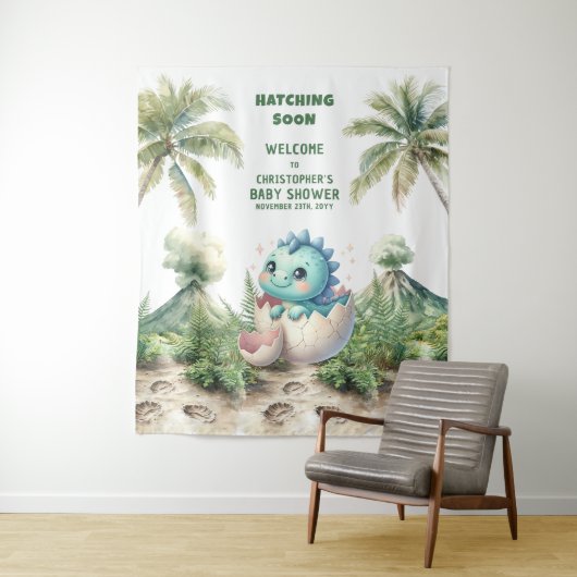 Blue Dino Baby shower Hatching Soon Achtergrond Wandkleed (In situ)