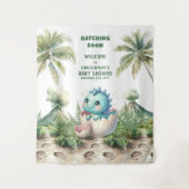 Blue Dino Baby shower Hatching Soon Achtergrond Wandkleed (Voorkant)