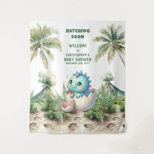 Blue Dino Baby shower Hatching Soon Achtergrond Wandkleed (Voorkant)