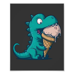 Blue Dino Loves Ice Cream - Grappige Cartoon Art Foto Afdruk