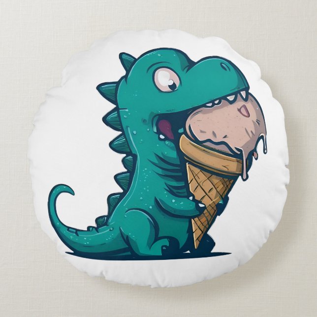 Blue Dino Loves Ice Cream - Grappige Cartoon Art Rond Kussen (Voorkant)