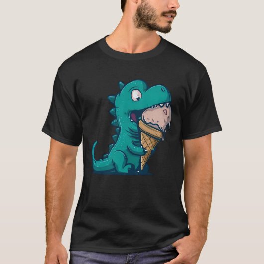 Blue Dino Loves Ice Cream - Grappige Cartoon Art T-shirt (Voorkant)