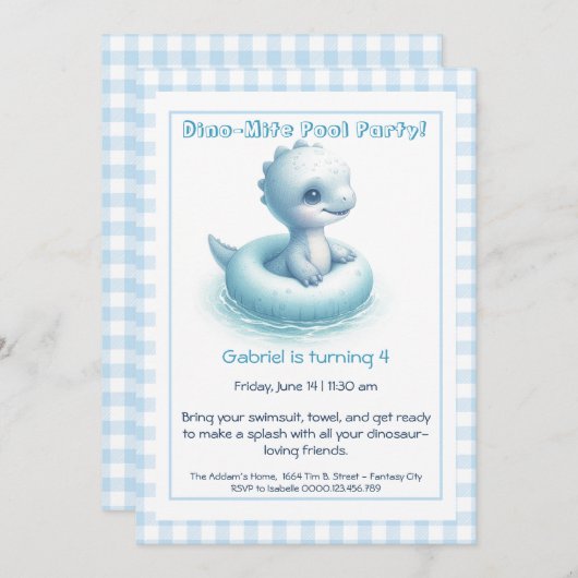 Blue Dino-Mite Verjaardag Pool Party Uitnodiging (Voorkant / Achterkant)