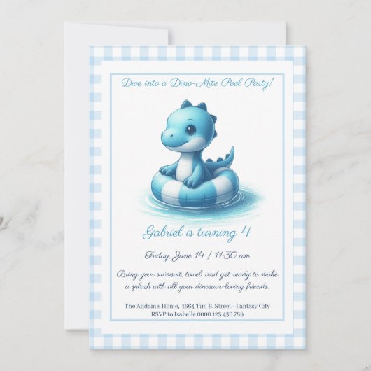 Blue Dino Pool Party – Uitnodiging voor verjaardag (Voorkant)