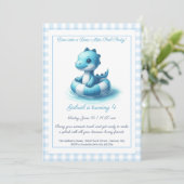 Blue Dino Pool Party – Uitnodiging voor verjaardag (Staand voorkant)