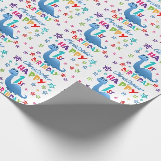 Blue Dinosaur 1st Birthday Cadeaupapier (Hoek)