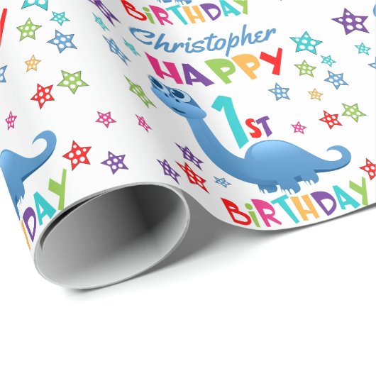 Blue Dinosaur 1st Birthday Cadeaupapier (Rol Hoek)