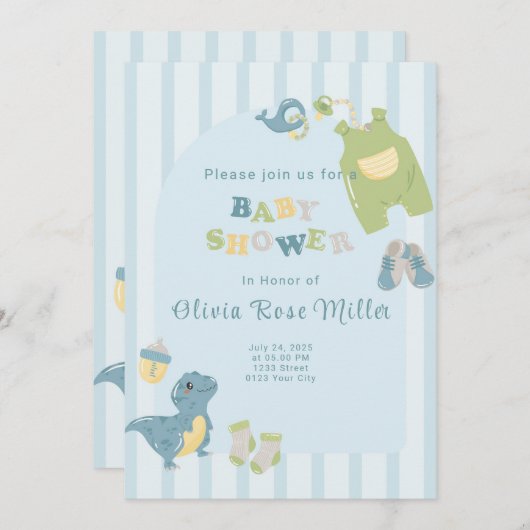 Blue Dinosaur Baby shower Invitation Feestdagenkaart (Voorkant / Achterkant)