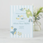 Blue Dinosaur Baby shower Invitation Feestdagenkaart (Staand voorkant)