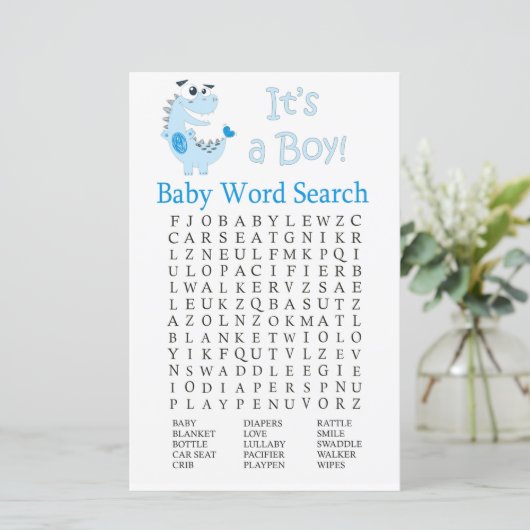 Blue Dinosaur Baby shower Word Search Game (Staand voorkant)