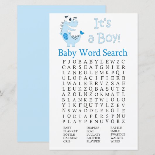 Blue Dinosaur Baby shower Word Search Game (Voorkant / Achterkant)