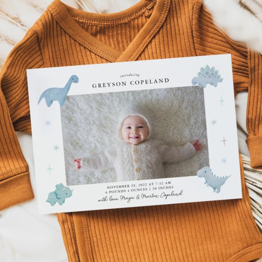 Blue Dinosaur Boy Baby Foto geboorteaankondiging Aankondiging