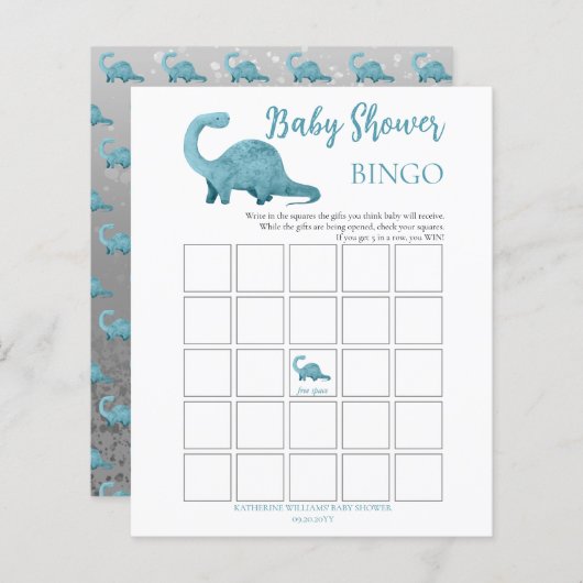 Blue Dinosaur Boy Baby shower Bingo Kaart (Voorkant / Achterkant)