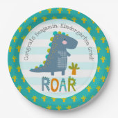Blue Dinosaur Boy Kindergarten Graduation Playful Papieren Bordje (Voorkant)