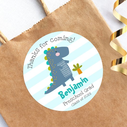 Blue Dinosaur Boy Preschool Graduation Thank You Ronde Sticker