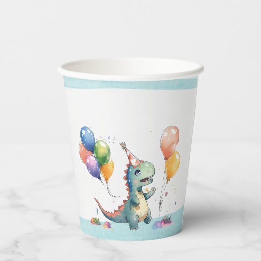 Blue Dinosaur Boy Waterverf Verjaardag Papieren Bekers (Achterkant)