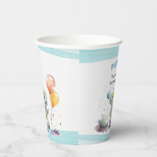 Blue Dinosaur Boy Waterverf Verjaardag Papieren Bekers (Rechts)