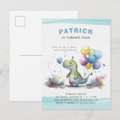 Blue Dinosaur Boy Waterverf Verjaardag Uitnodiging Briefkaart (Voorkant / Achterkant)