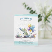 Blue Dinosaur Boy Waterverf Verjaardag Uitnodiging Briefkaart (Staand voorkant)