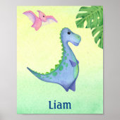 Blue Dinosaur Boy's Name Nursery Waterverf Poster (Voorkant)