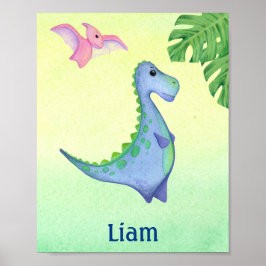 Blue Dinosaur Boy's Name Nursery Waterverf Poster
