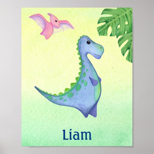 Blue Dinosaur Boy's Name Nursery Waterverf Poster (Voorkant)